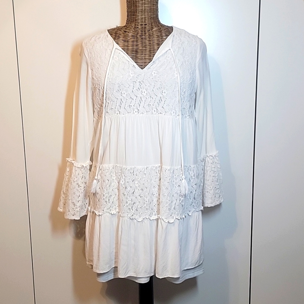 L LOVE  szM White Lace Tiered Boho Dress BinG
